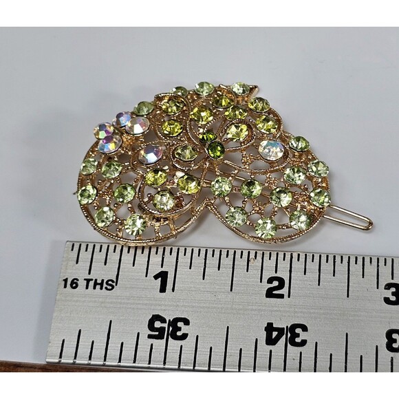 VTG Green Rhinestone Heart Filigree Barrett Aurora Borealis Crystal Hair Jewelry - Picture 3 of 3